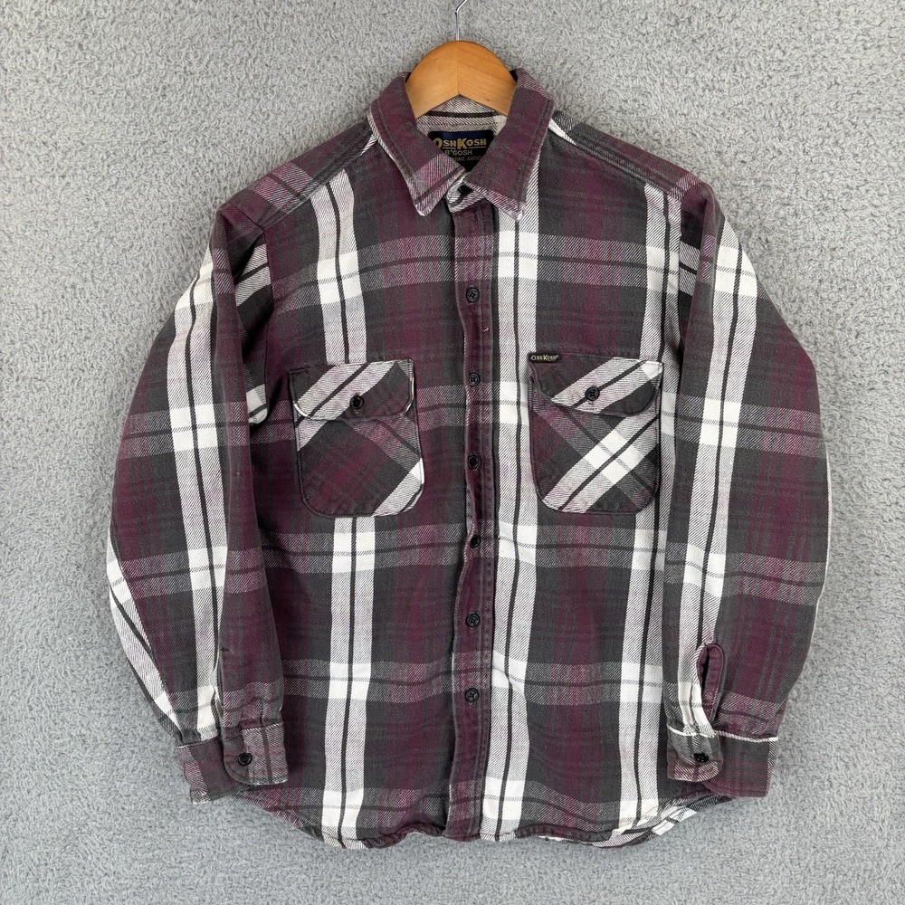 Vintage OshKosh B'Gosh Heavy Flannel Work Shirt Men Medium Maroon Gray Plaid USA